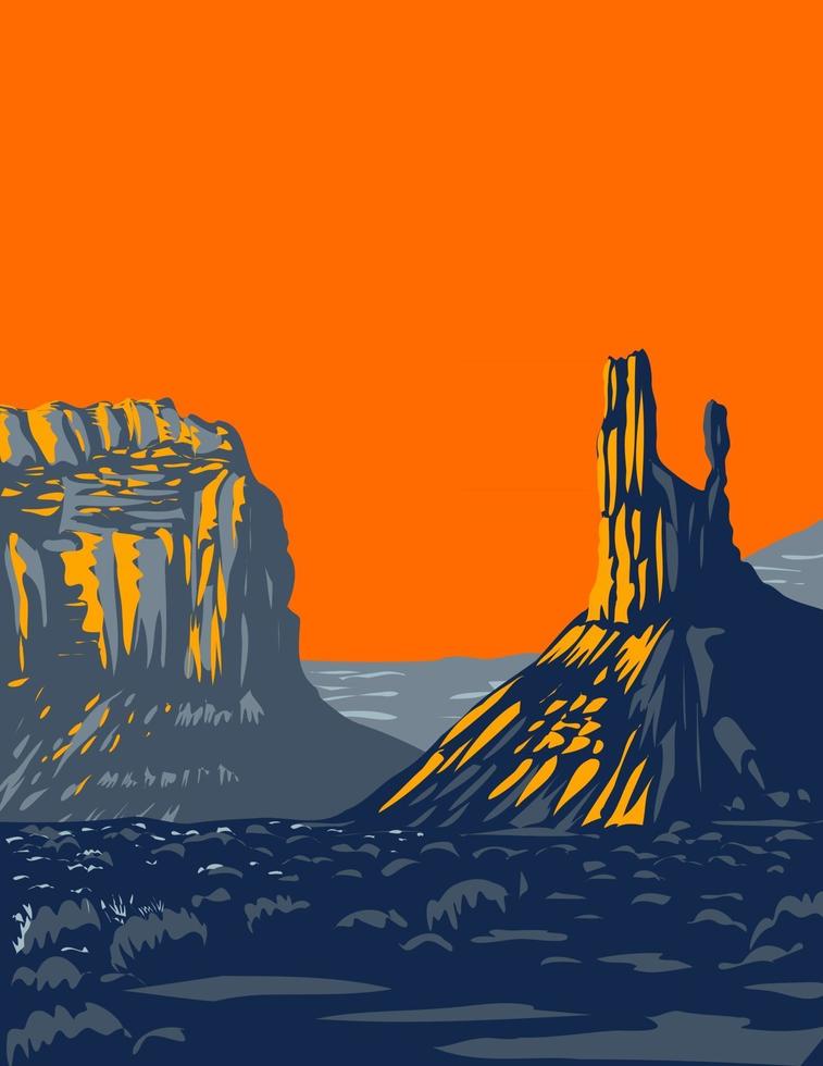 Mesas Buttes and Towers in Valley of the Gods Formerly Part of Bears Ears National Monument Located North of Monument Valley near Bluff Utah USA WPA Poster Art vector