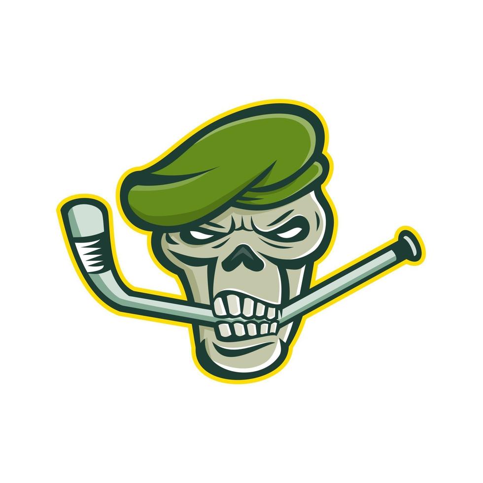 skull wearing beret biting ice hockey stick mascot vector art
