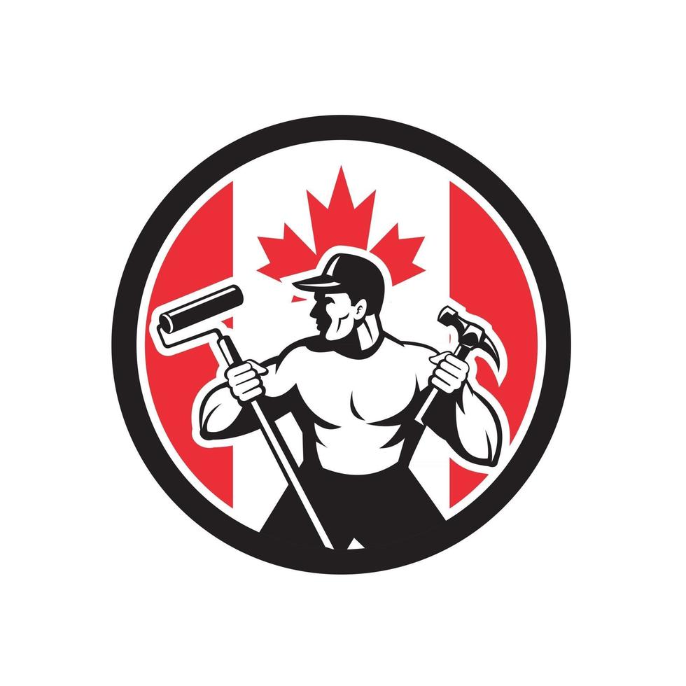 handyman worker with paintroller and hammer Canada Flag Mascot vector