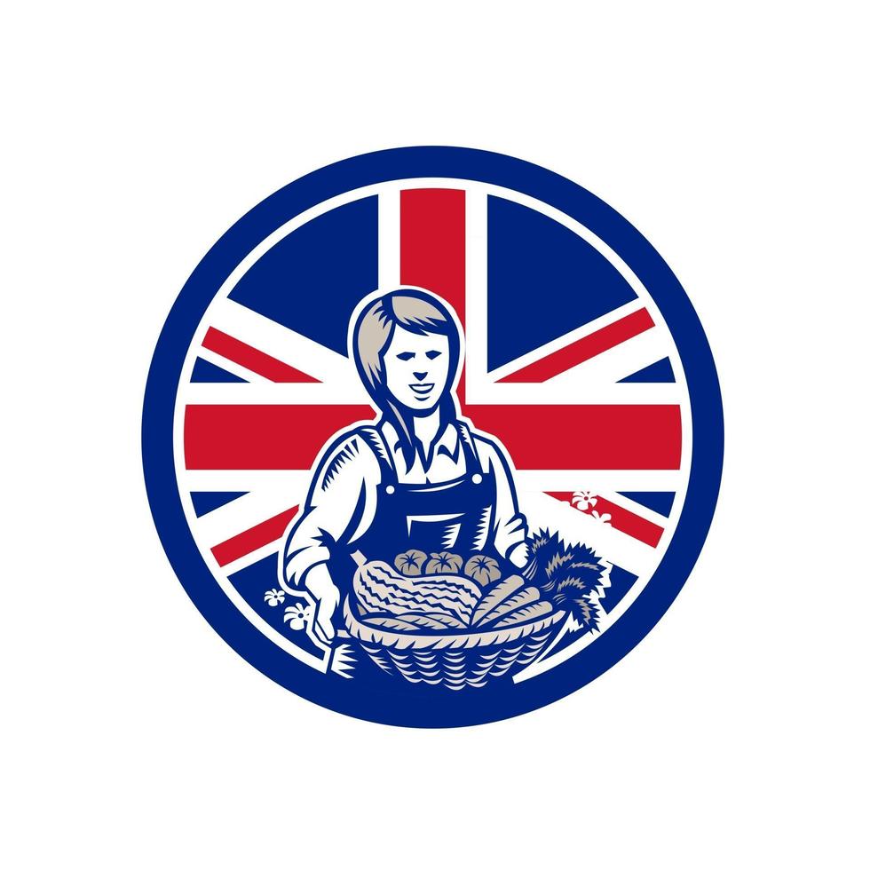 Granjero orgánico femenino británico con arte de vector de mascota de cosecha
