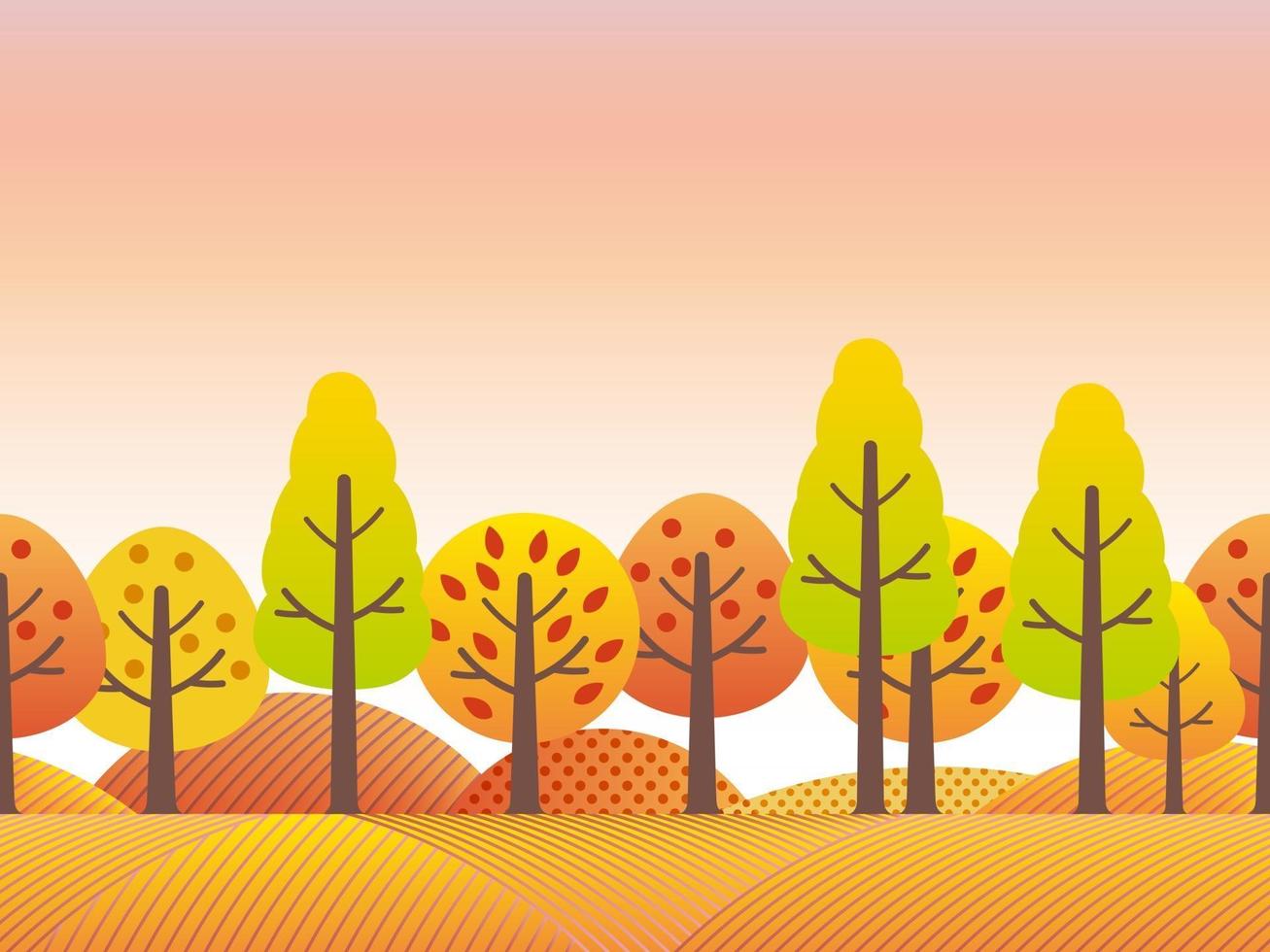 Seamless Autumn Countryside Landscape With Trees, Grassland, And Hills In Autumn Colors. Vector Illustration. Horizontally Repeatable.