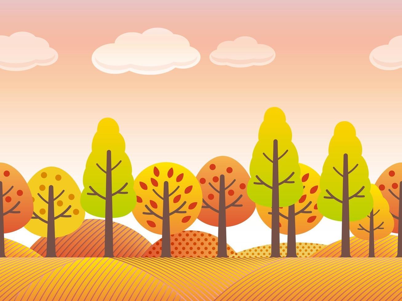 Seamless Autumn Countryside Landscape With Trees, Grassland, And Hills In Autumn Colors Isolated On A White Background. Vector Illustration. Horizontally Repeatable.