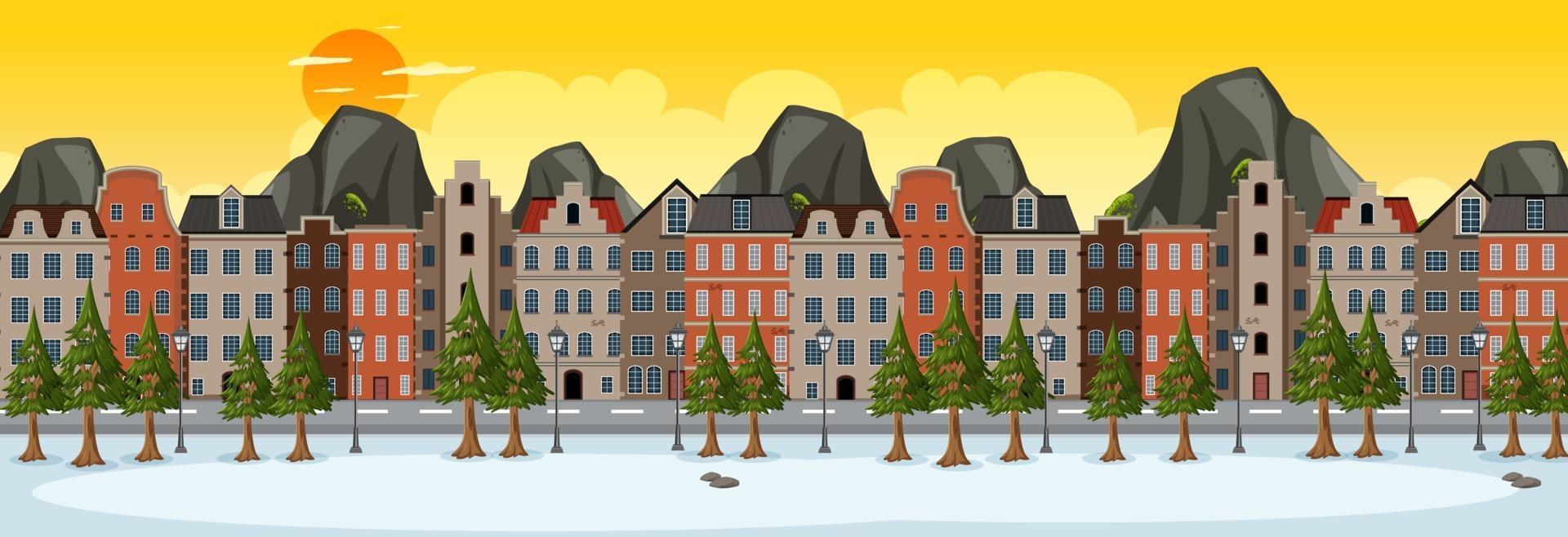 Escena horizontal de invierno al atardecer con fondo de edificio suburbano vector