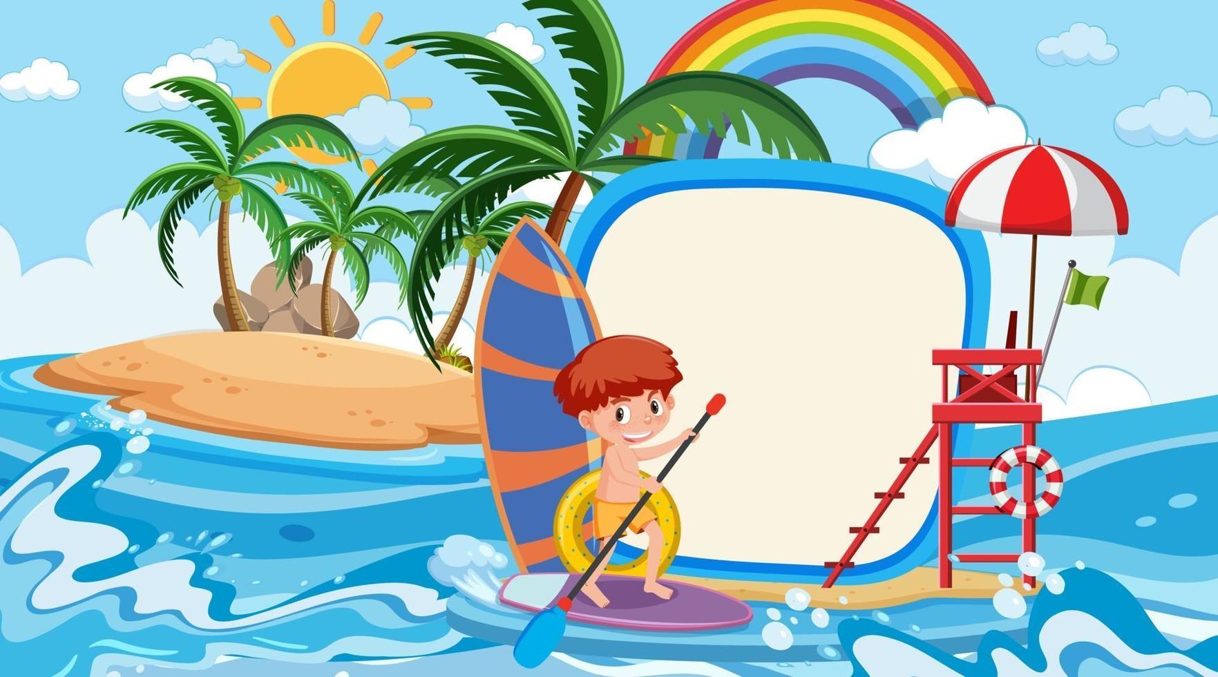 Empty banner template with kids on vacation at the beach daytime scene vector