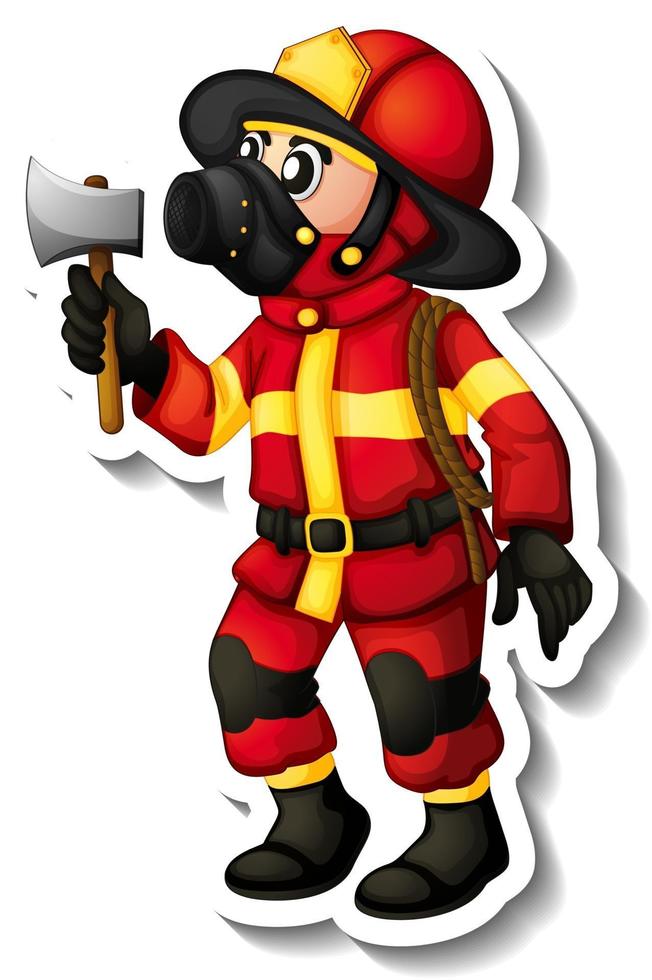 diseño de etiqueta con un personaje de dibujos animados de bombero vector