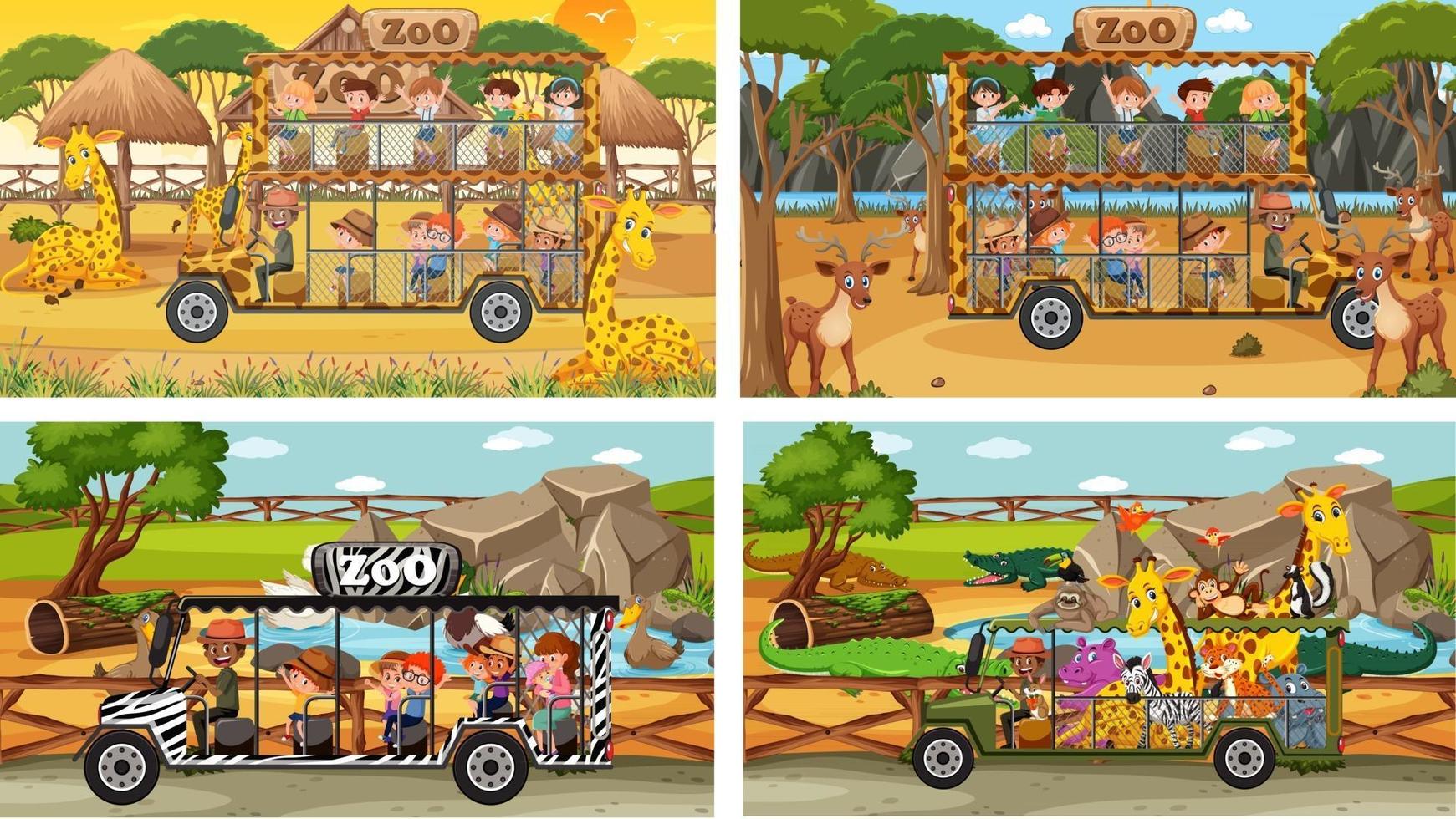 Conjunto de diferentes escenas de safari con animales y personajes de dibujos animados para niños. vector