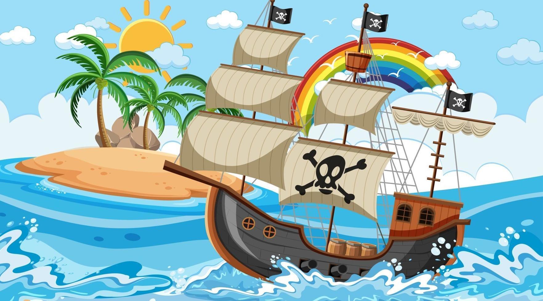 Ocean with Pirate ship at day time scene in cartoon style vector