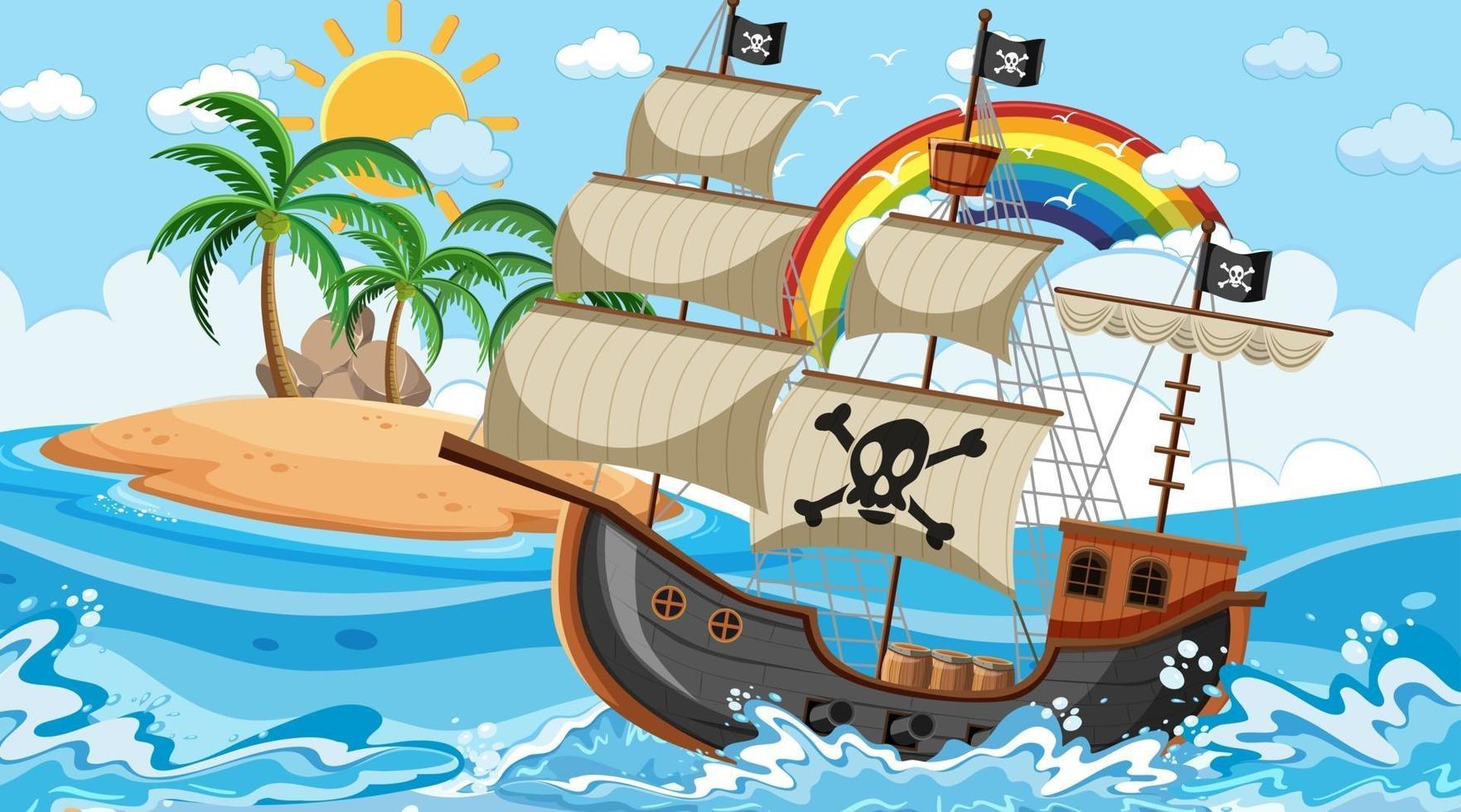 océano con barco pirata en la escena diurna en estilo de dibujos animados vector