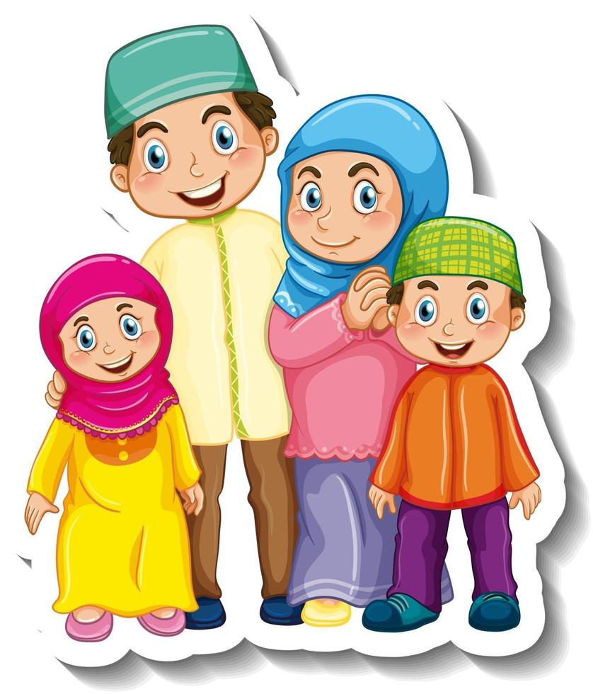 Sticker template with Muslim family cartoon character vector