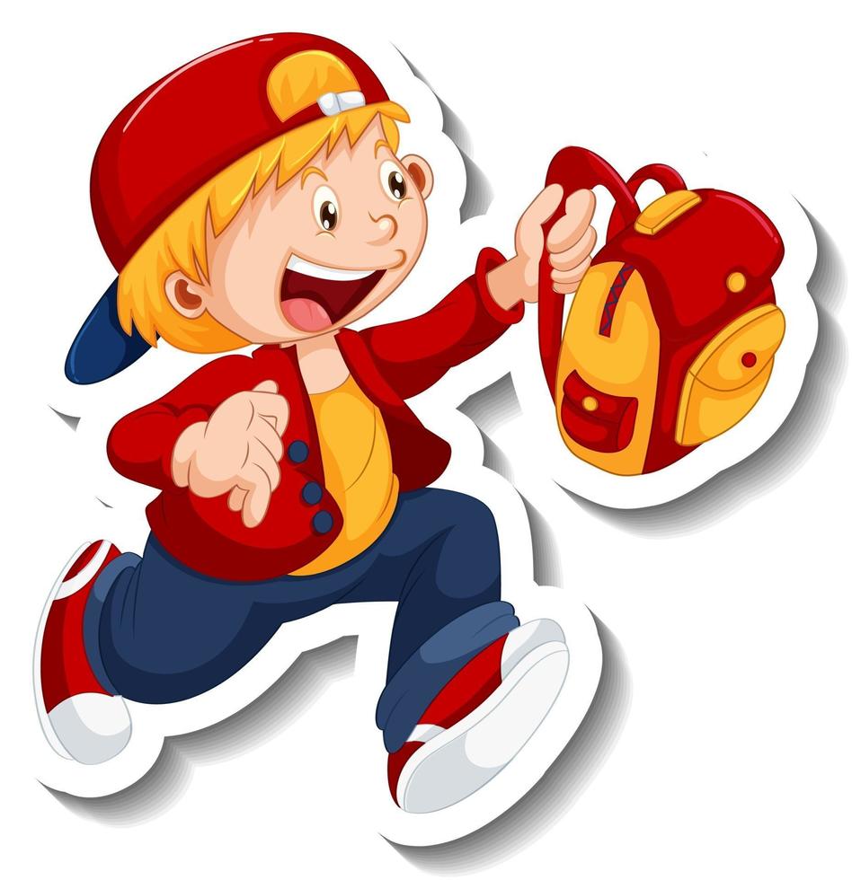 Sticker template with a happy student boy cartoon character isolated vector