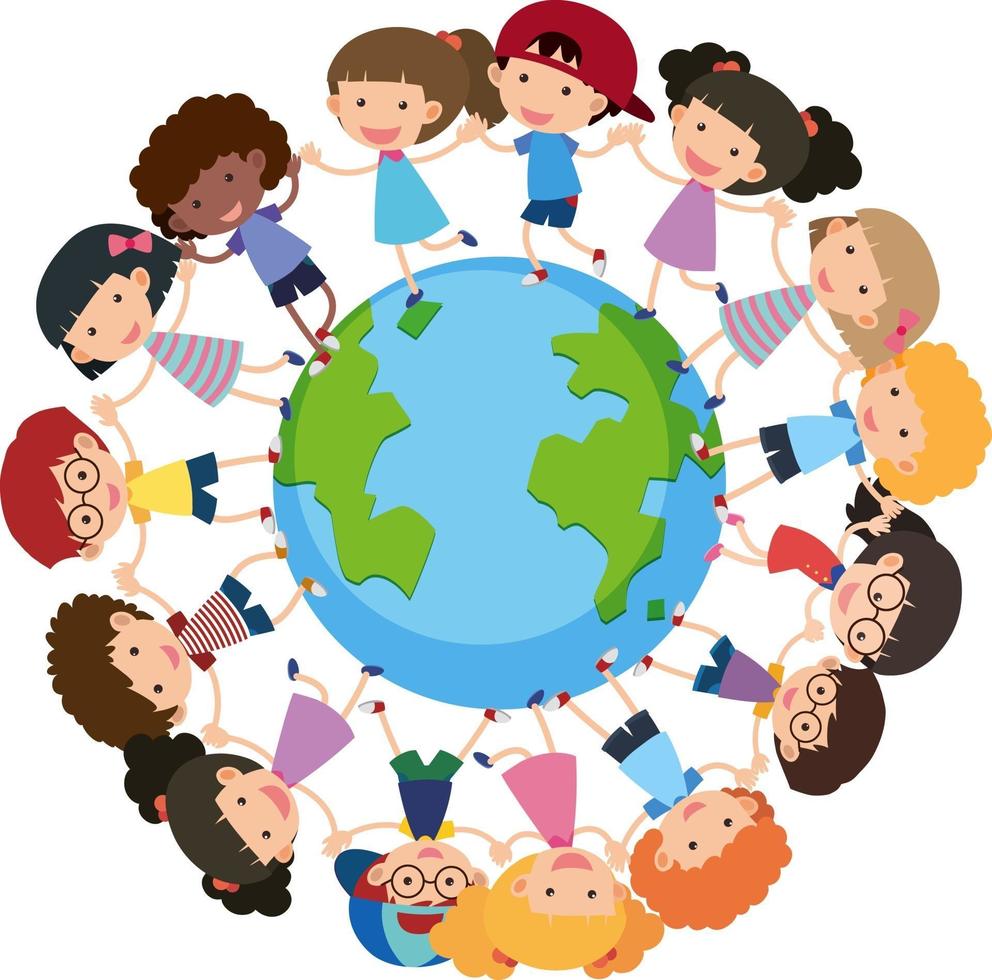 Many children holding hands and standing around the Earth vector