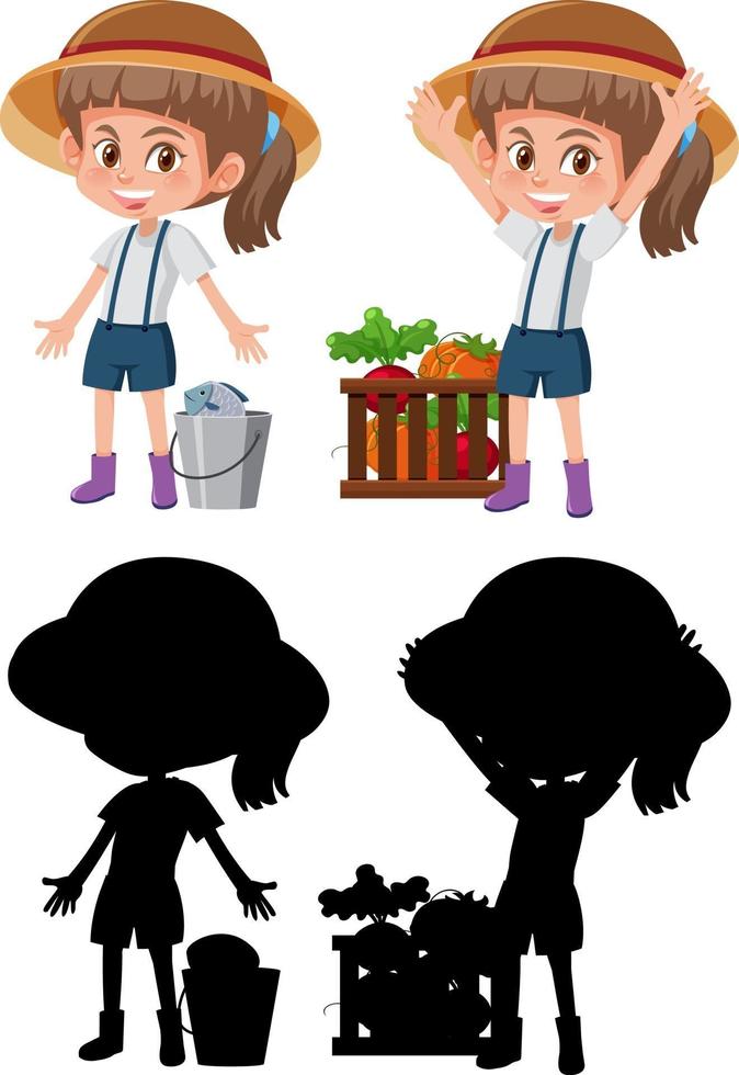 Set of a girl cartoon character doing different activities with its silhouette vector