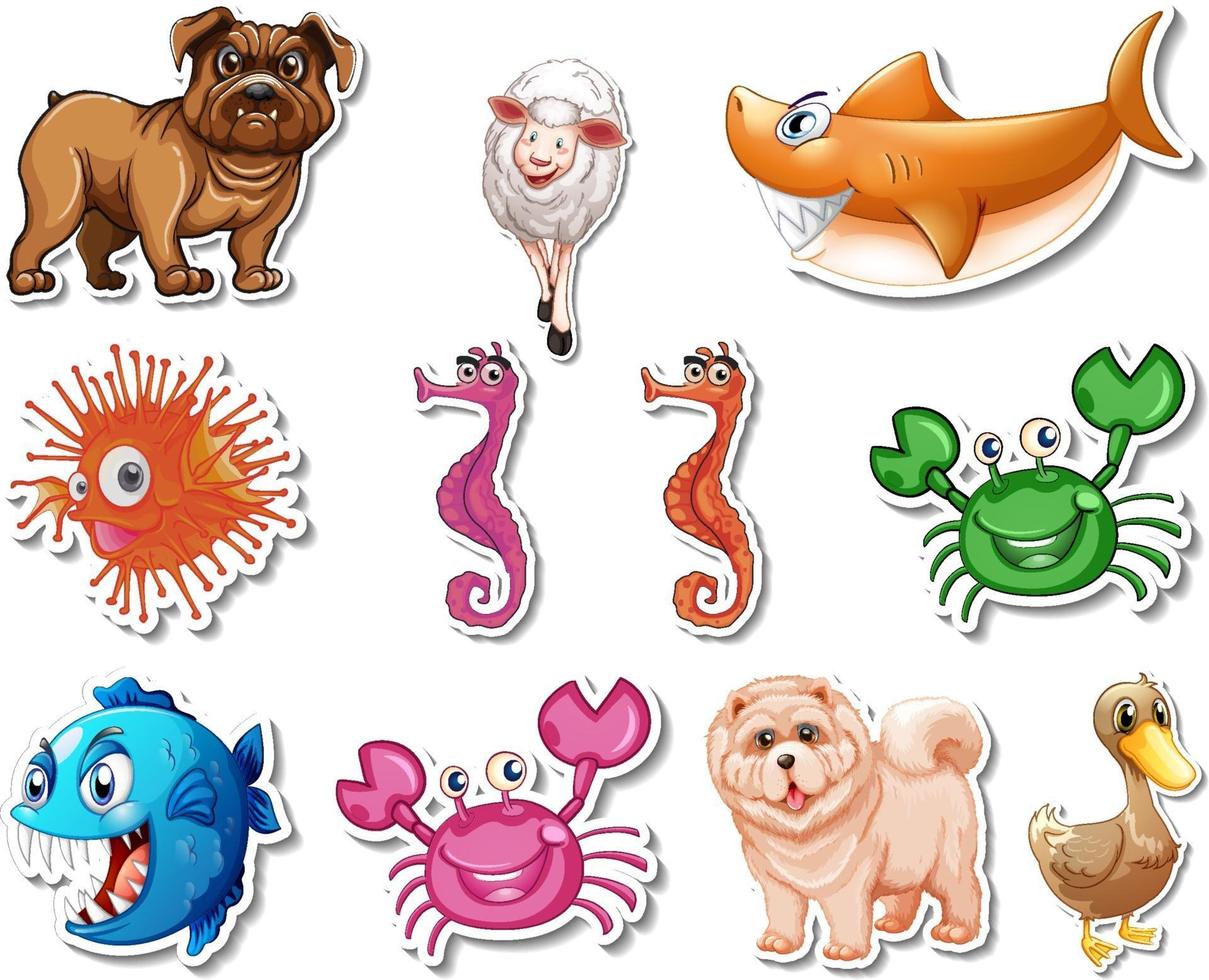 Set of stickers with sea animals and dogs cartoon character vector