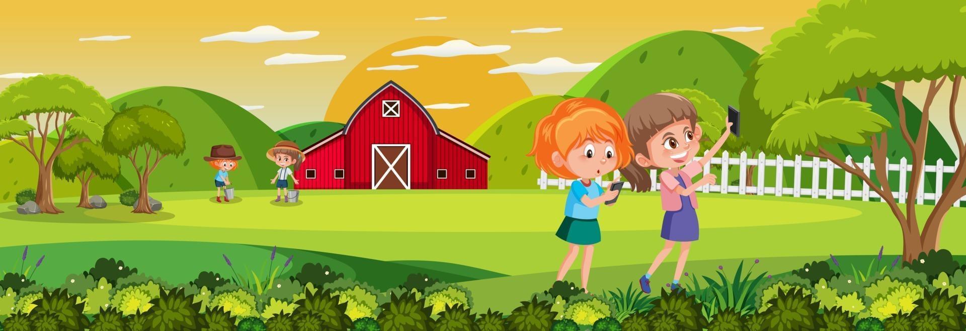 Escena de paisaje horizontal de granja con personaje de dibujos animados de  niños 2860788 Vector en Vecteezy