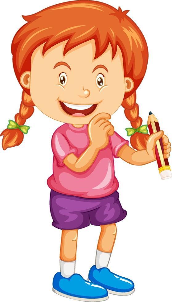 Happy girl cartoon character holding a pencil vector