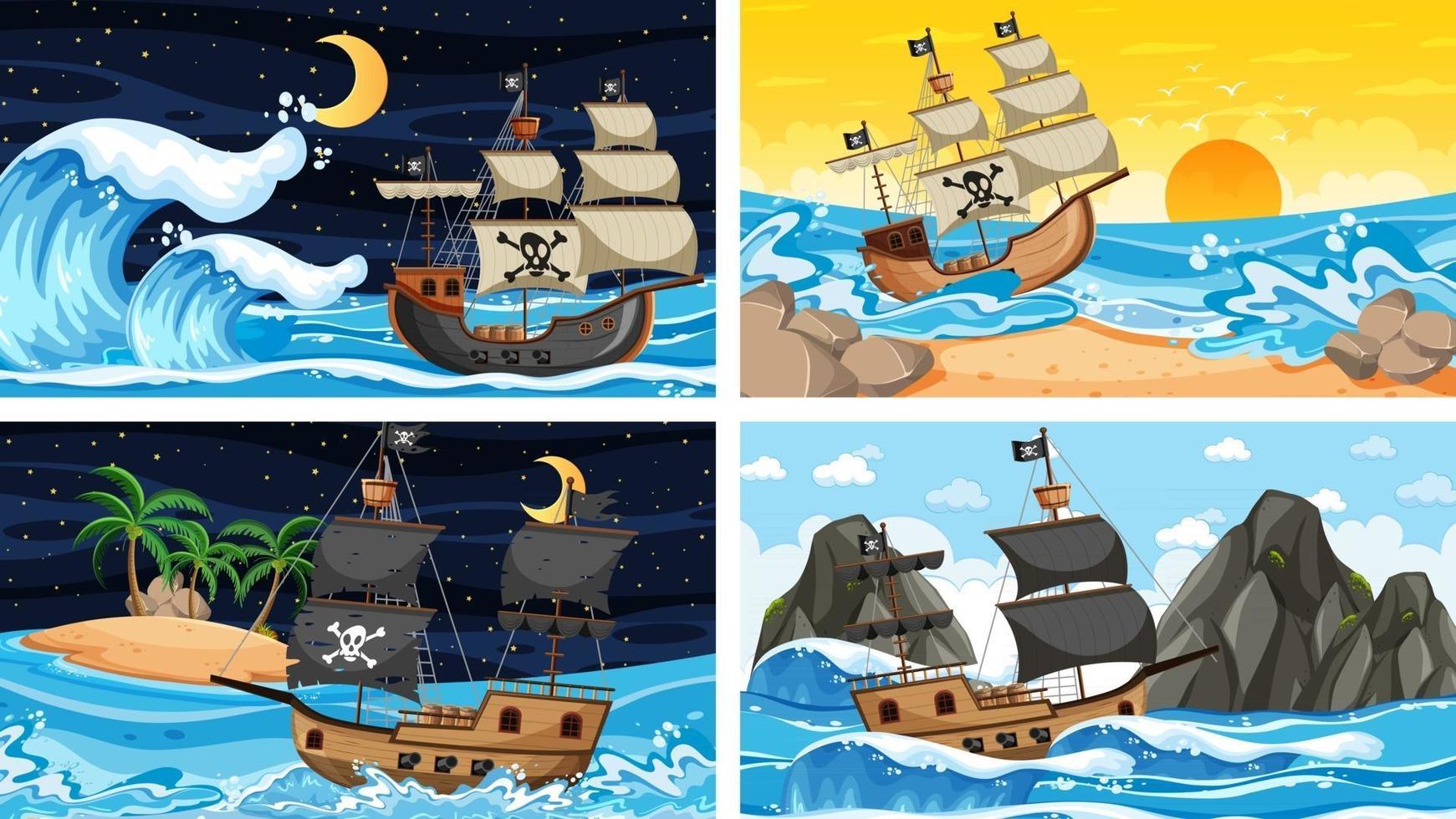 Set of Ocean with Pirate ship at different times scenes  in cartoon style vector