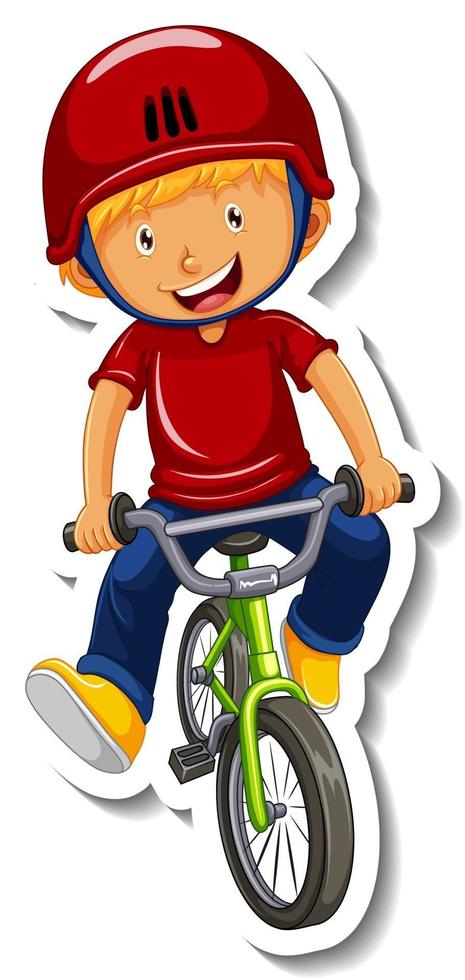 Plantilla de etiqueta con un niño monta un personaje de dibujos animados en bicicleta aislado vector