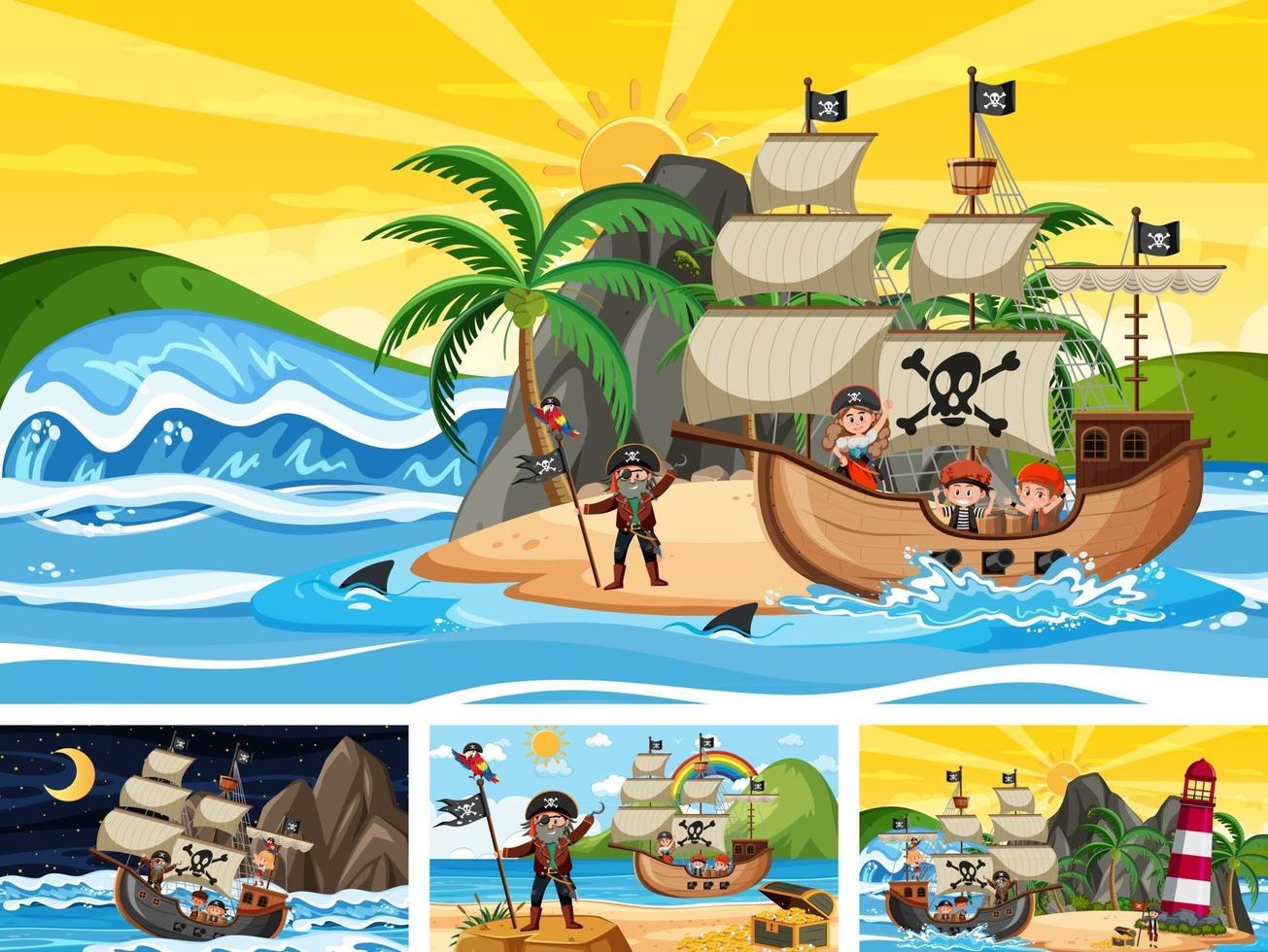 Set of different beach scenes with pirate ship vector