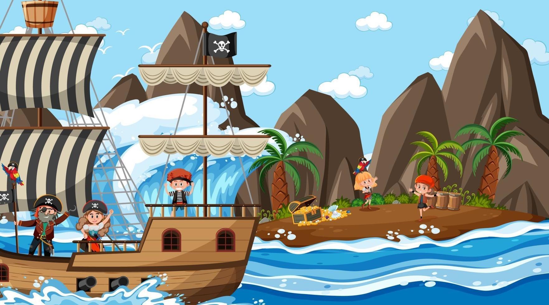 escena de la isla del tesoro durante el día con niños piratas vector