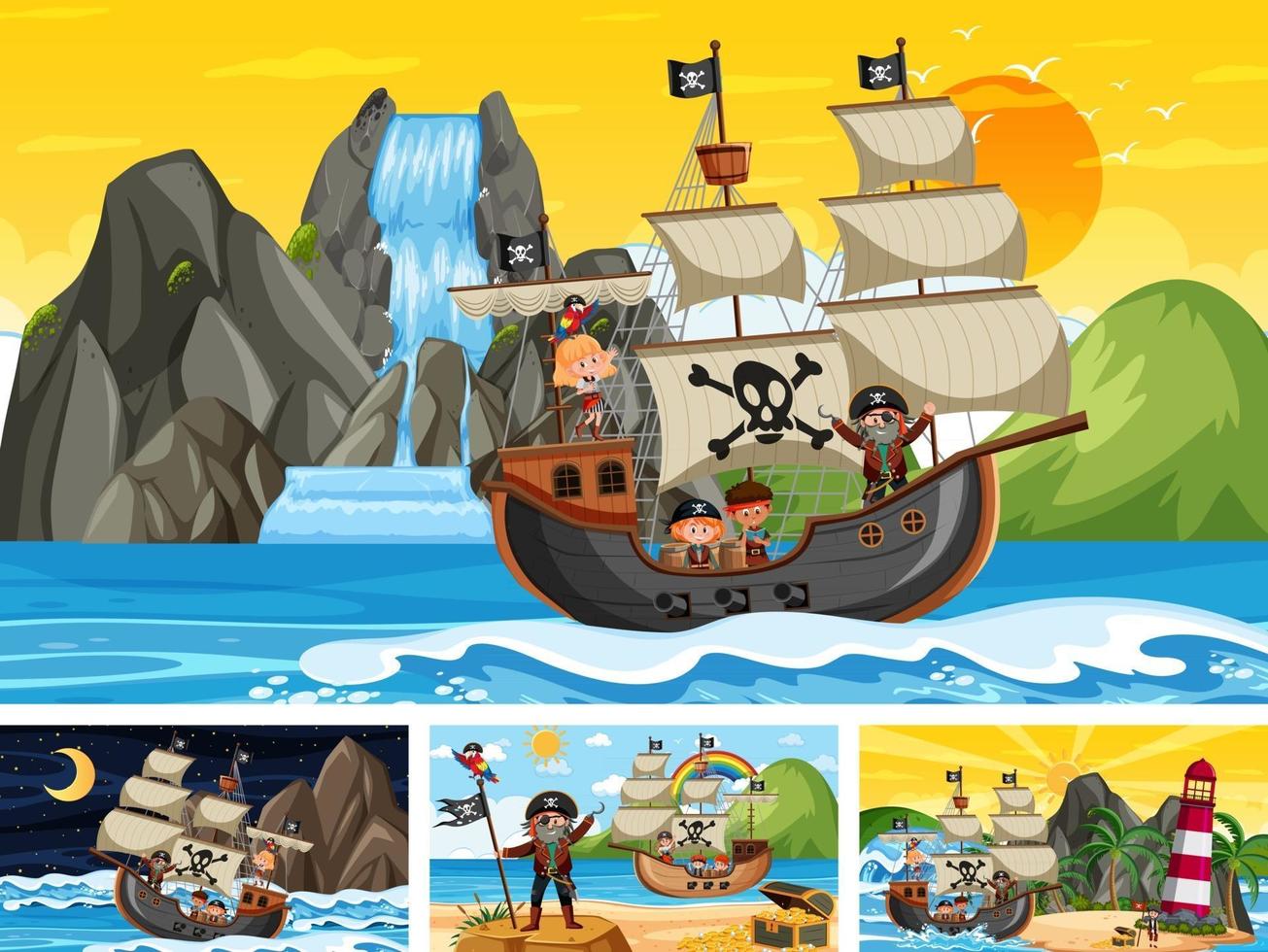 Conjunto de diferentes escenas de playa con barco pirata. vector