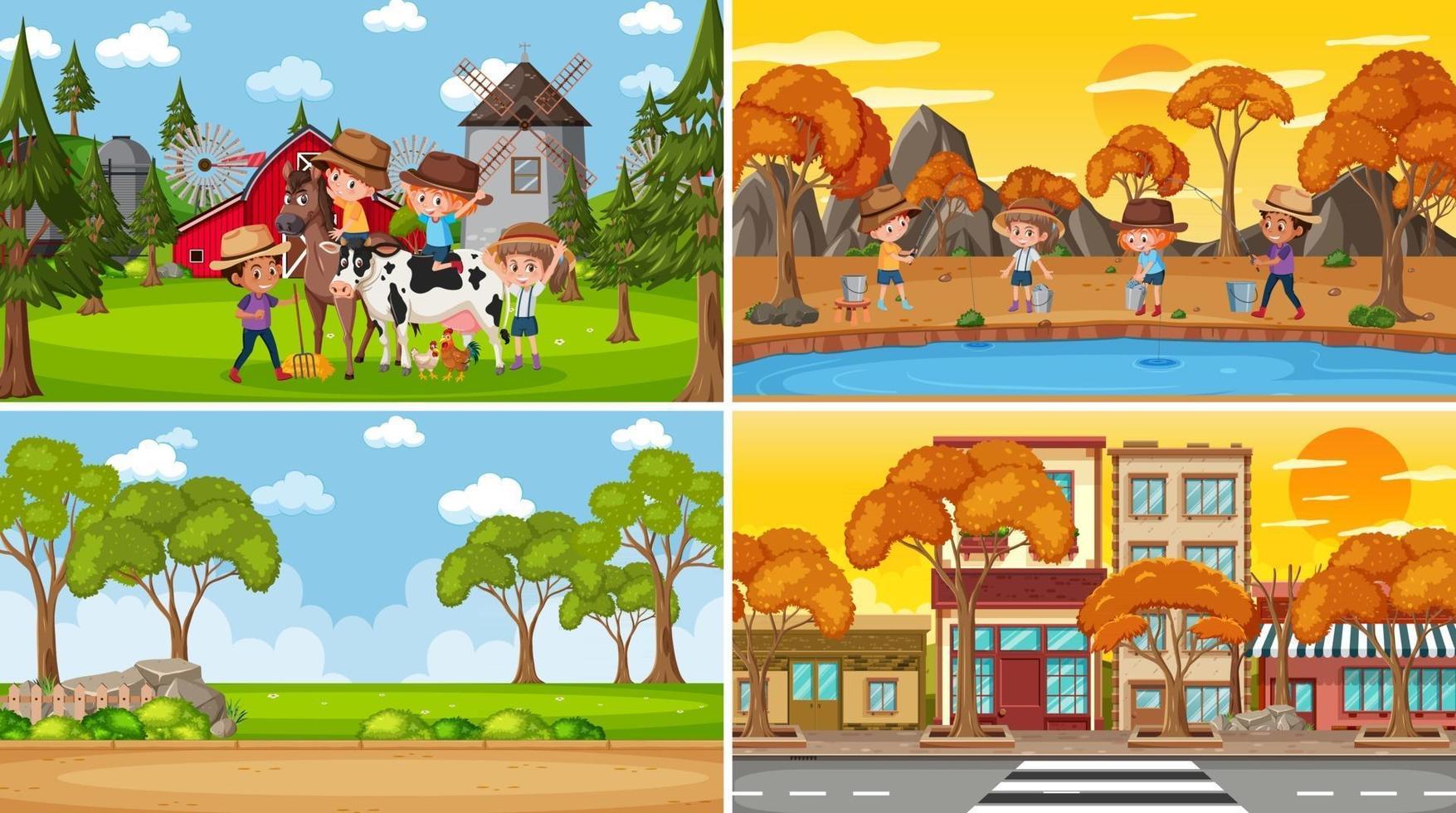 Four different scenes with children cartoon character vector