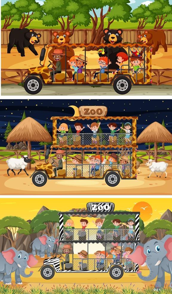 Set of different safari horizontal scenes with animals and kids cartoon character vector