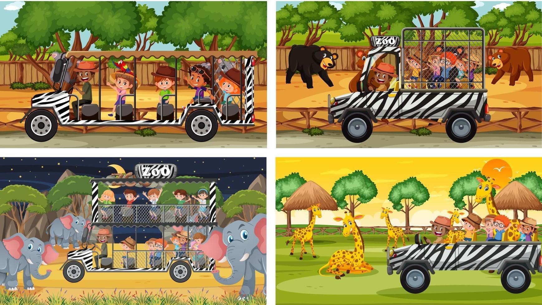 Conjunto de diferentes escenas de safari con animales y personajes de dibujos animados para niños. vector