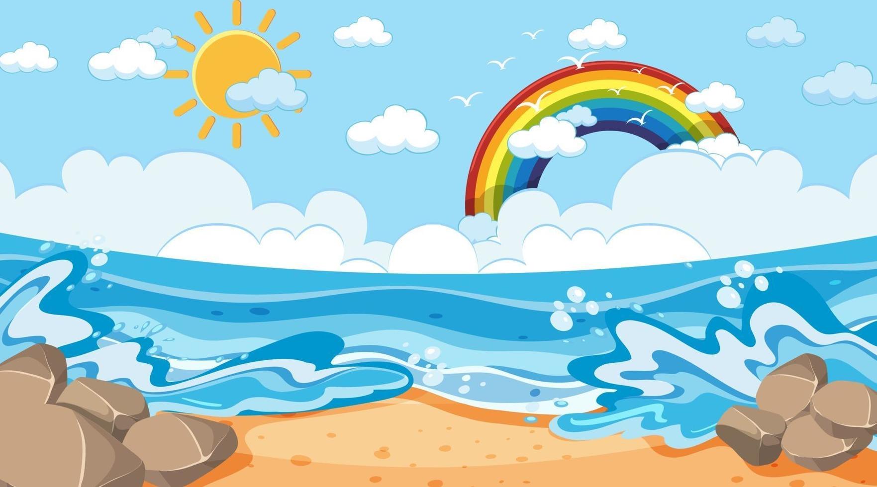 paisaje de playa en la escena diurna con arco iris en el cielo vector