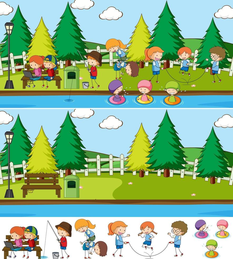 Park scene set with many kids doodle cartoon character isolated vector