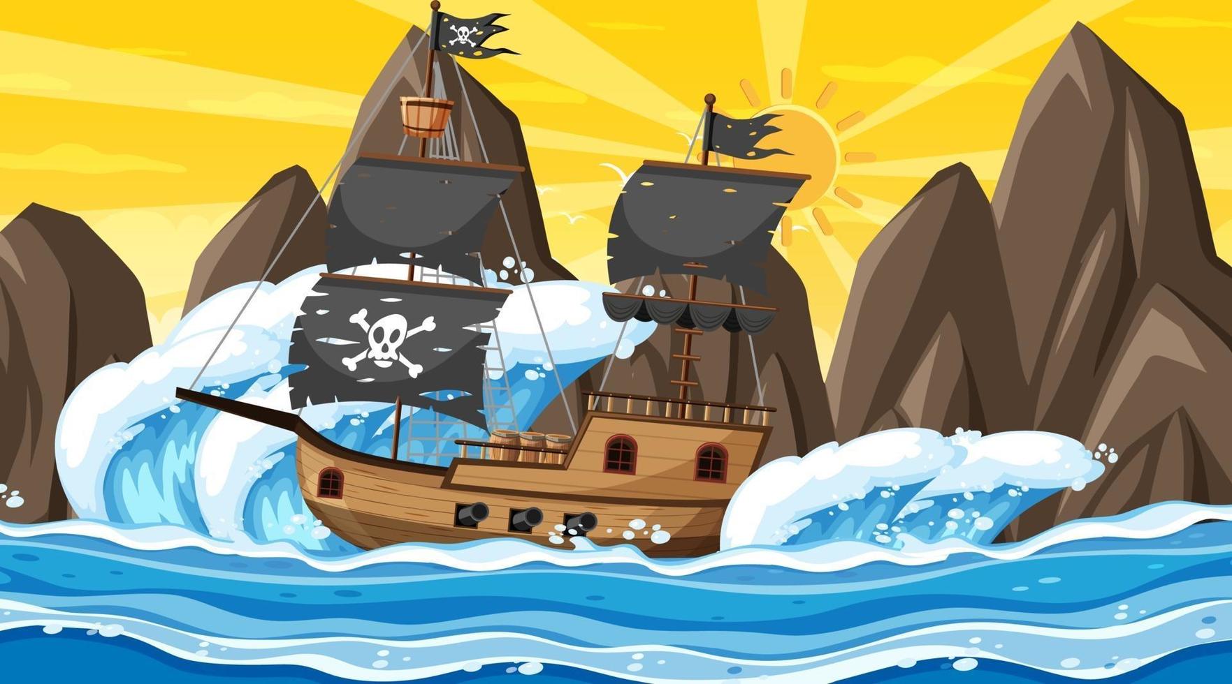 Océano con barco pirata en la escena del atardecer en estilo de dibujos animados vector