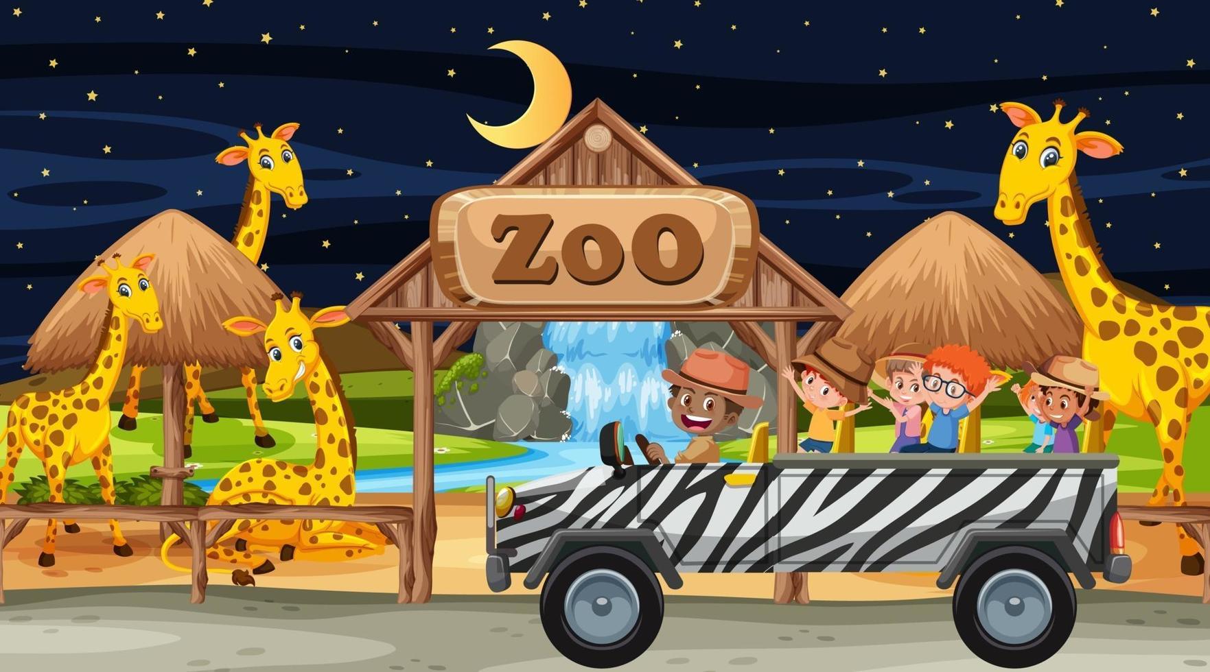 Safari at night time scene with children watching giraffe group vector