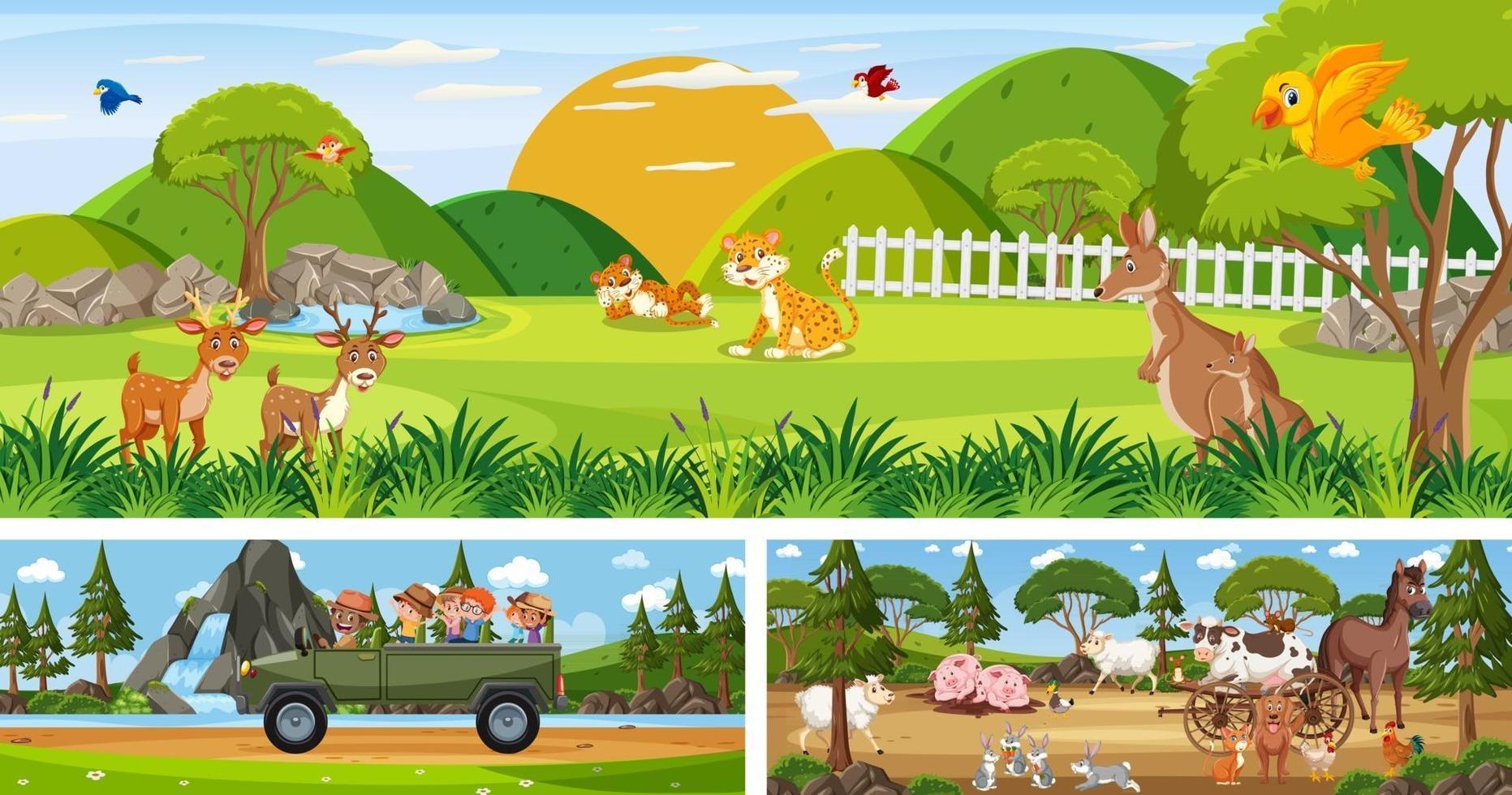 Set of outdoor panoramic landscape with cartoon character vector
