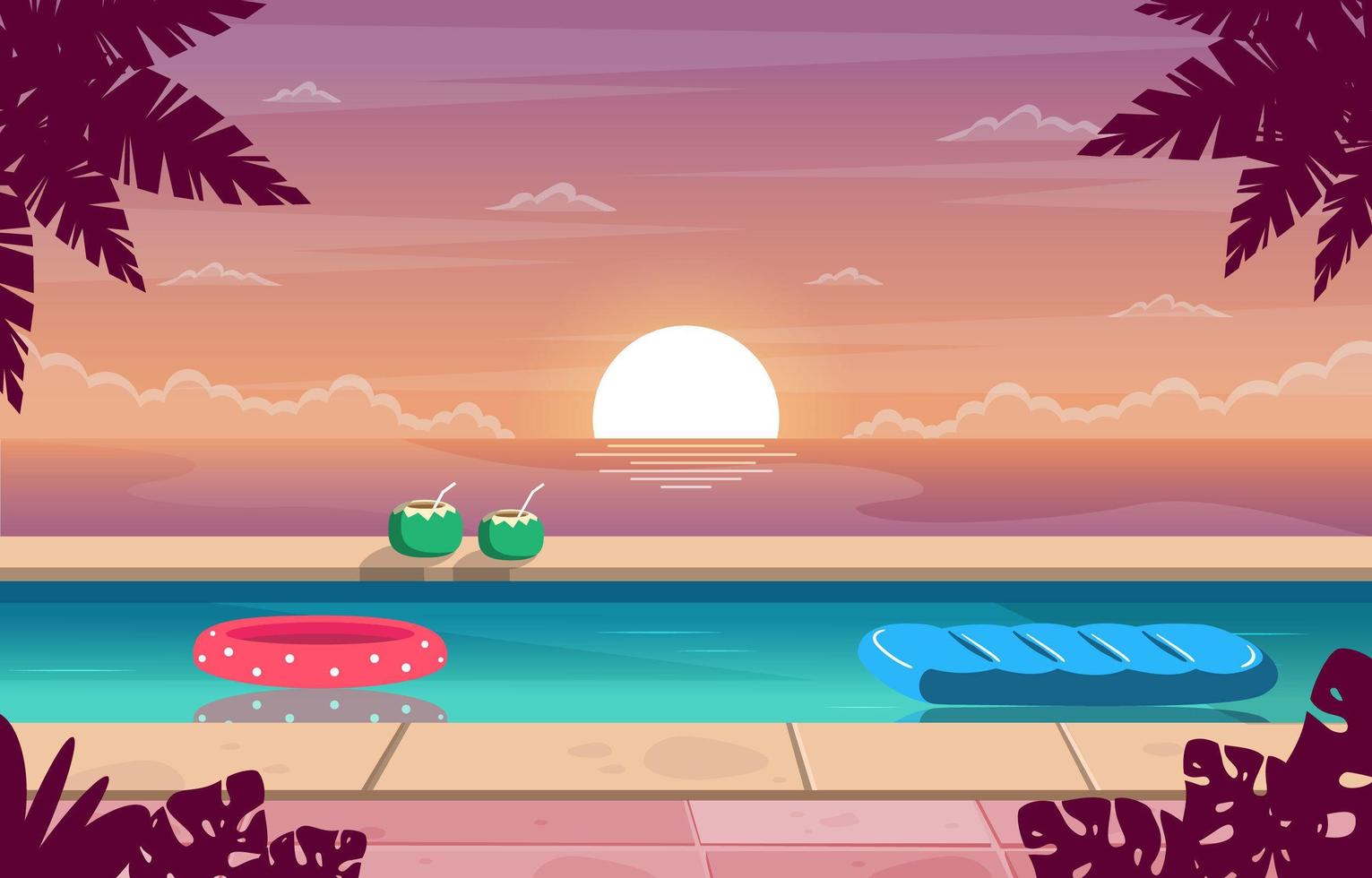 atardecer de verano con piscina y playa. vector