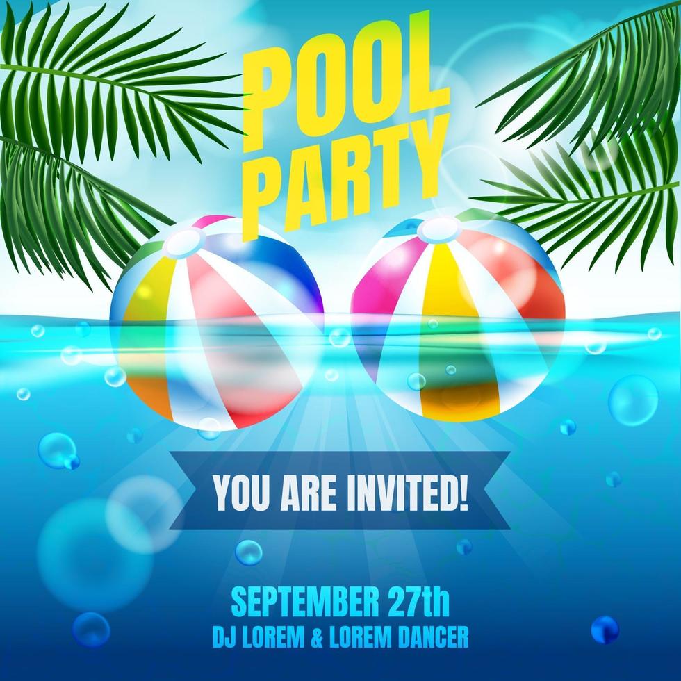 cartel de invitación a fiesta en la piscina con paisaje de piscina y dos pelotas de playa vector