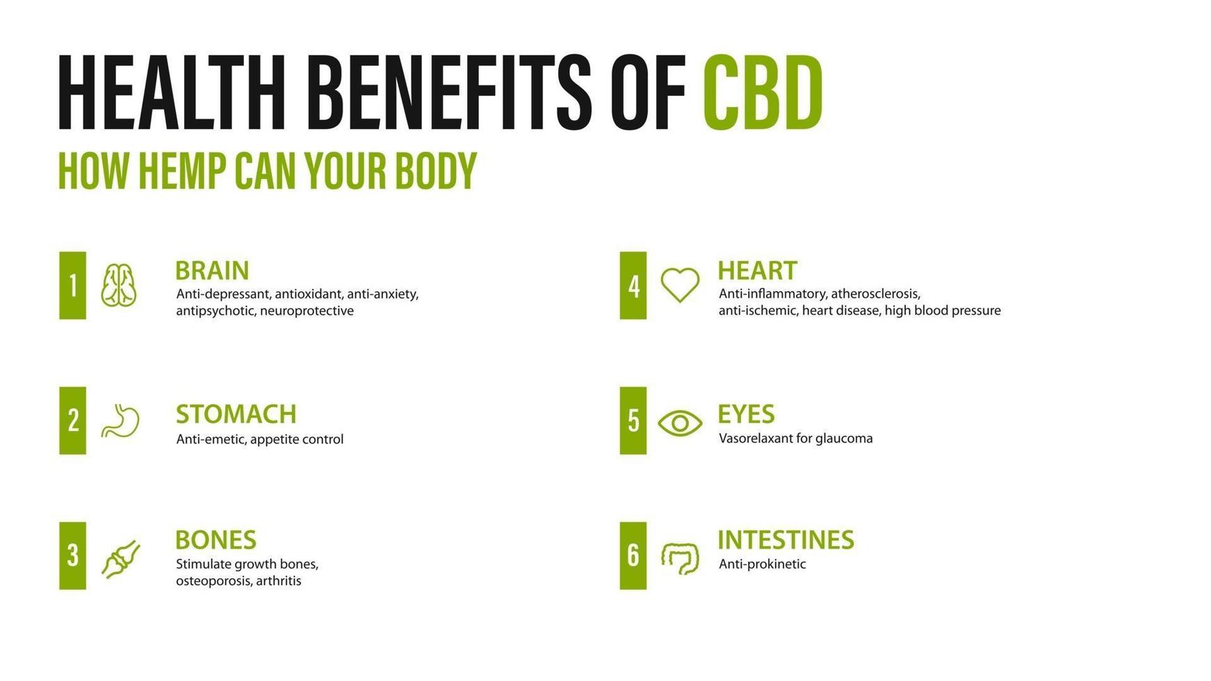 beneficios del cbd para tu cuerpo, cartel blanco con infografía. beneficios para la salud del cannabidiol cbd del cannabis, cáñamo, marihuana, efecto en el cuerpo vector