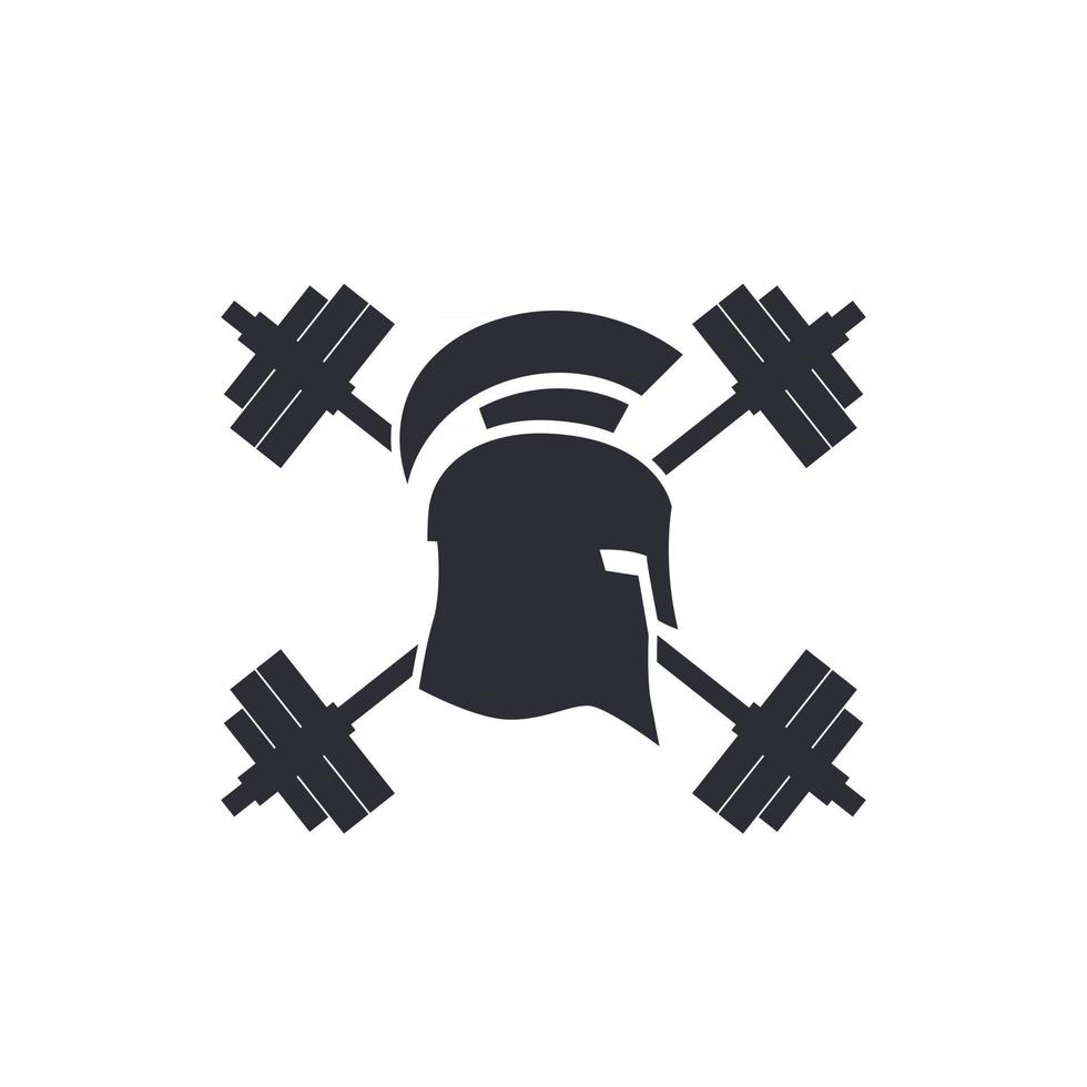 Gym logo, vector emblem, spartan helmet and barbells