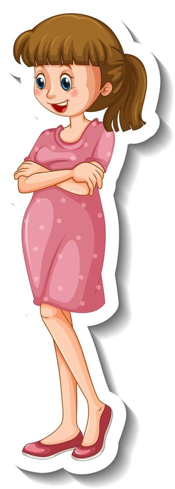 una plantilla de pegatina con una mujer con un vestido rosa en pose de pie vector