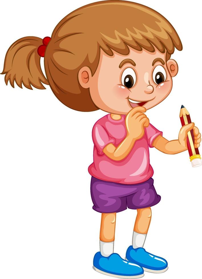 personaje de dibujos animados de niña feliz sosteniendo un lápiz vector