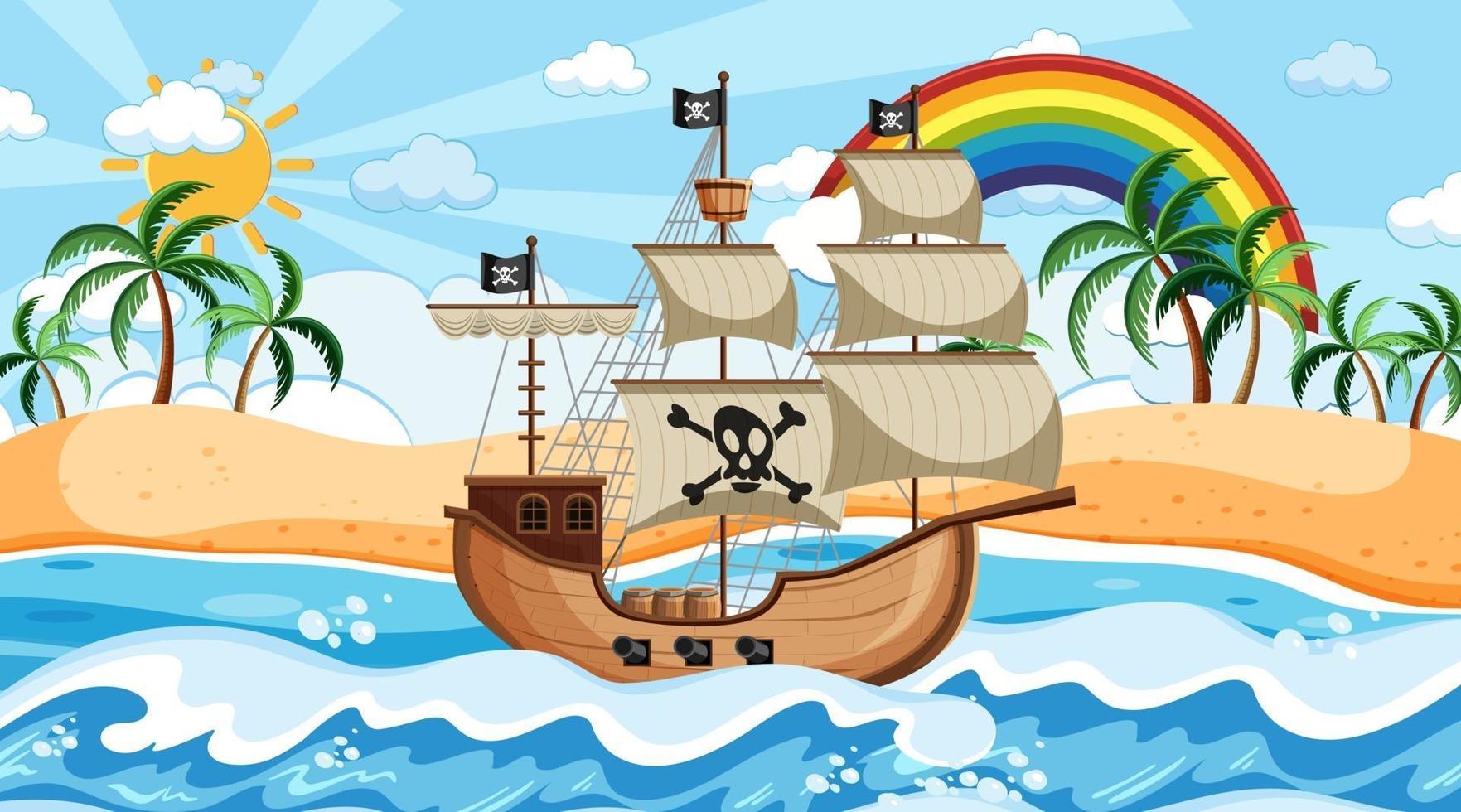 Ocean scene at day time with Pirate ship in cartoon style vector