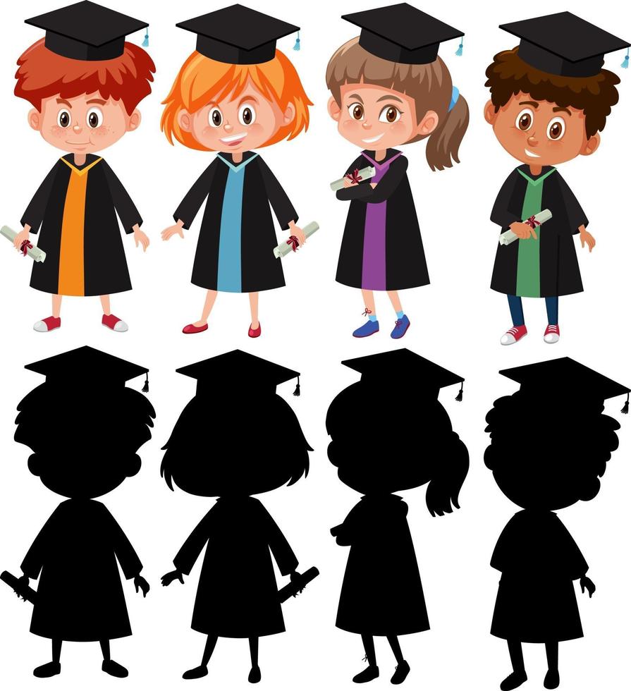 Set of different kids wearing graduation gown with silhouette vector