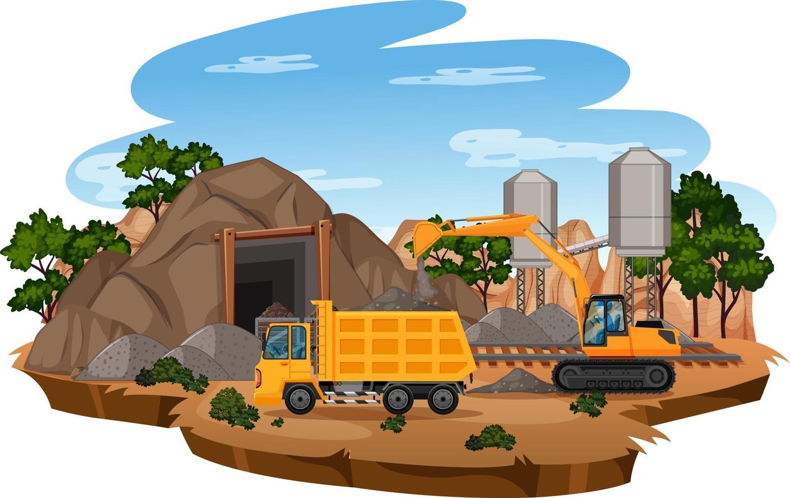 Landscape of coal mining scene with crane and trucks vector