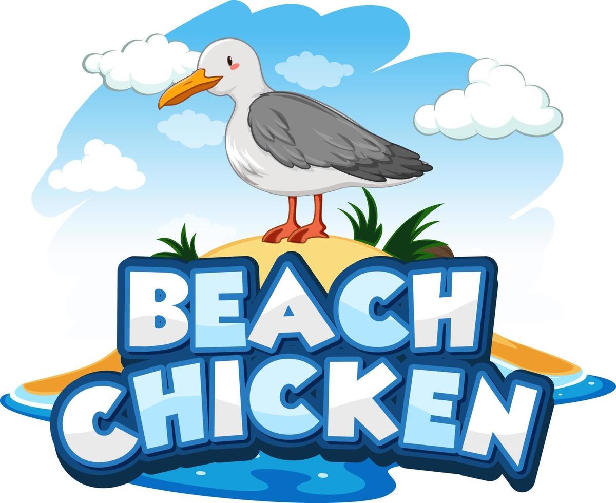 Personaje de dibujos animados de aves gaviota con banner de fuente de pollo de playa aislado vector