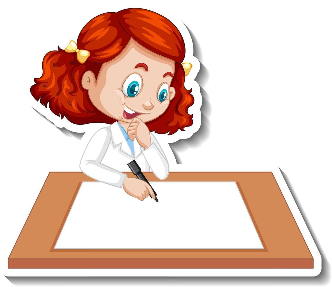 Cartoon character sticker with a girl writing on blank paper vector