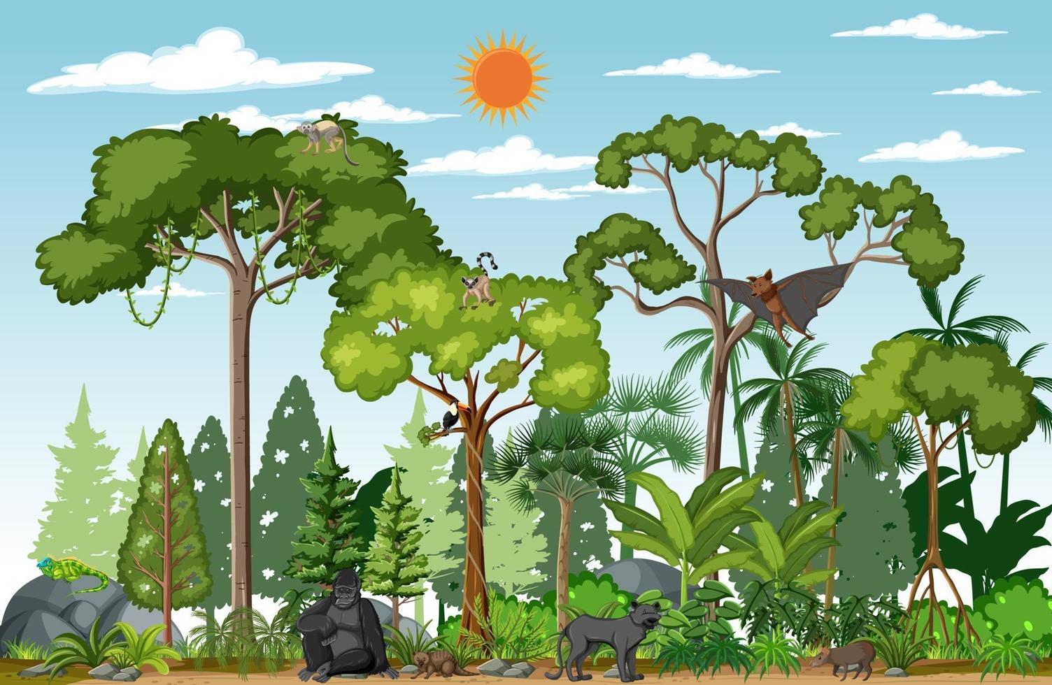 Tropical rainforest scene with various wild animals vector