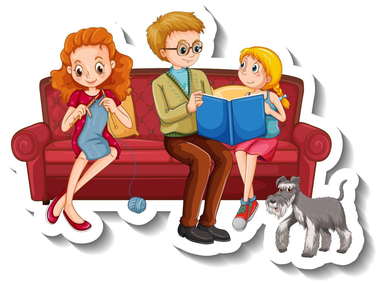 A sticker template with family members doing different activities on sofa vector