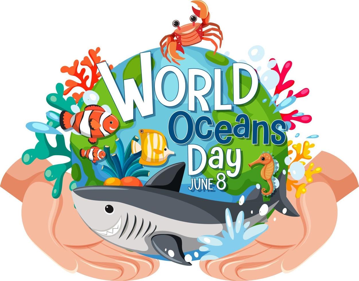 World Ocean Day banner with sea animals cartoon character vector