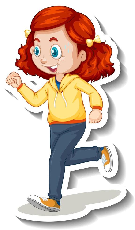 Pegatina de personaje de dibujos animados con una niña corriendo sobre fondo blanco vector