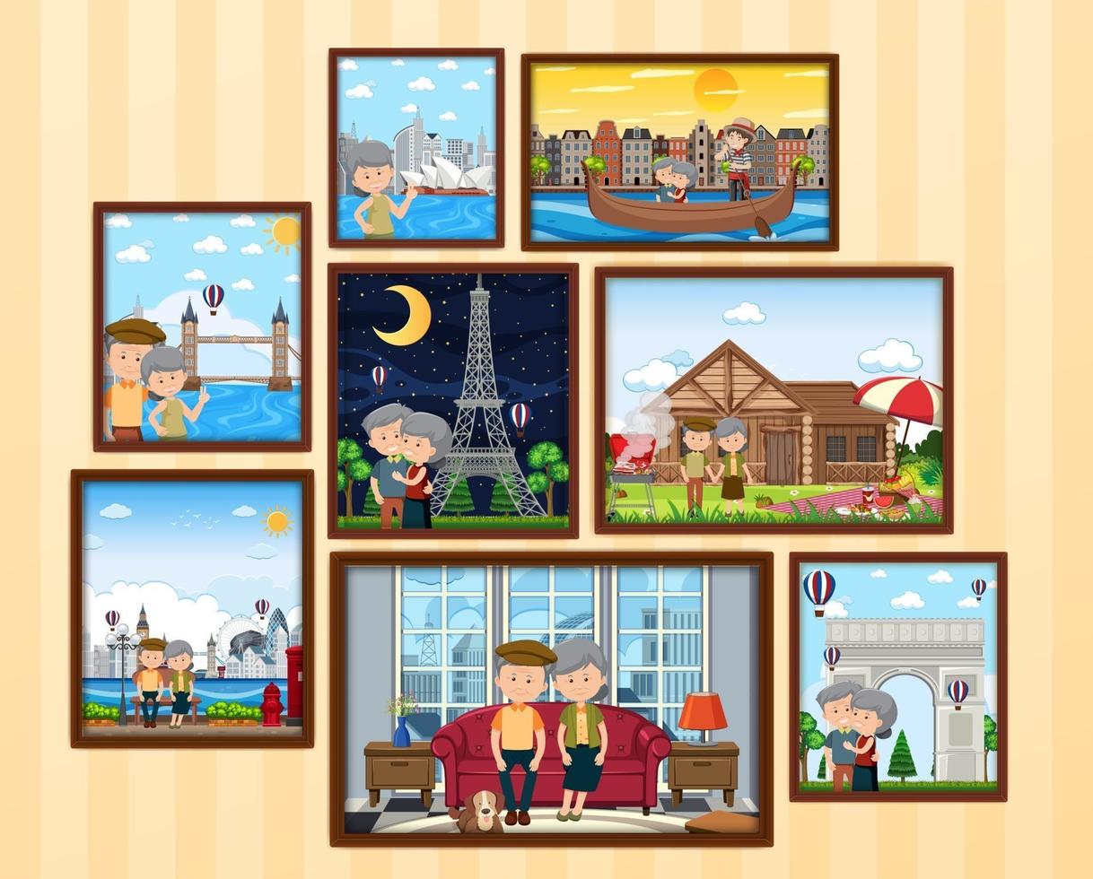 Older couple on vacation photo frames hanging on the wall vector