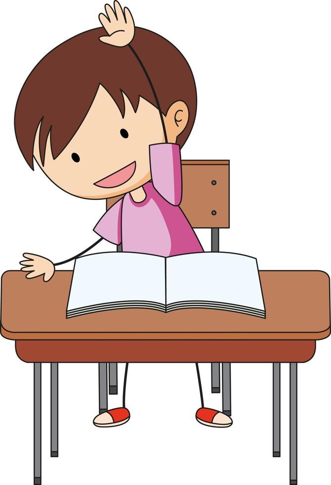 A boy doing homework doodle cartoon character vector