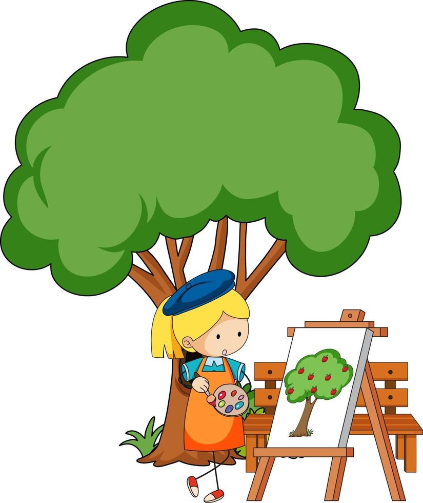 Pequeño artista dibujando una imagen de árbol aislado sobre fondo blanco. vector